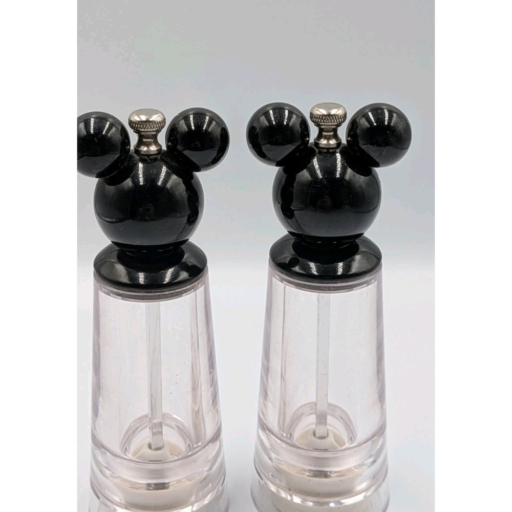 Disney Mickey Mouse Salt & Pepper Grinder Set, Clear Acrylic with Black Tops vtg
